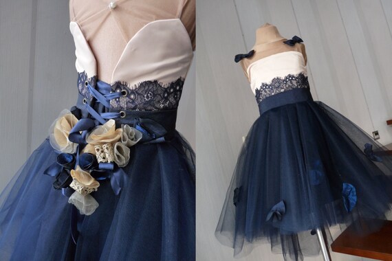 navy blue and champagne dress