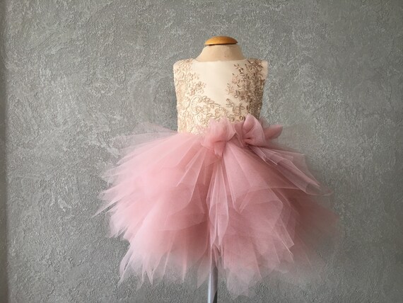 NESSY Dusty Rose Blush Tulle Champagne lace Flower Girl Dress | Etsy