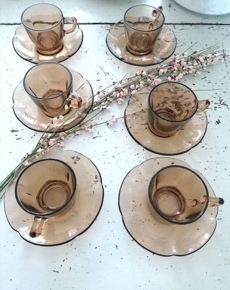 Service à Café en Verre Fumé Duralex France, 6 Tasses et Soucoupes Vintage Années 70/Vaisselle Vinta