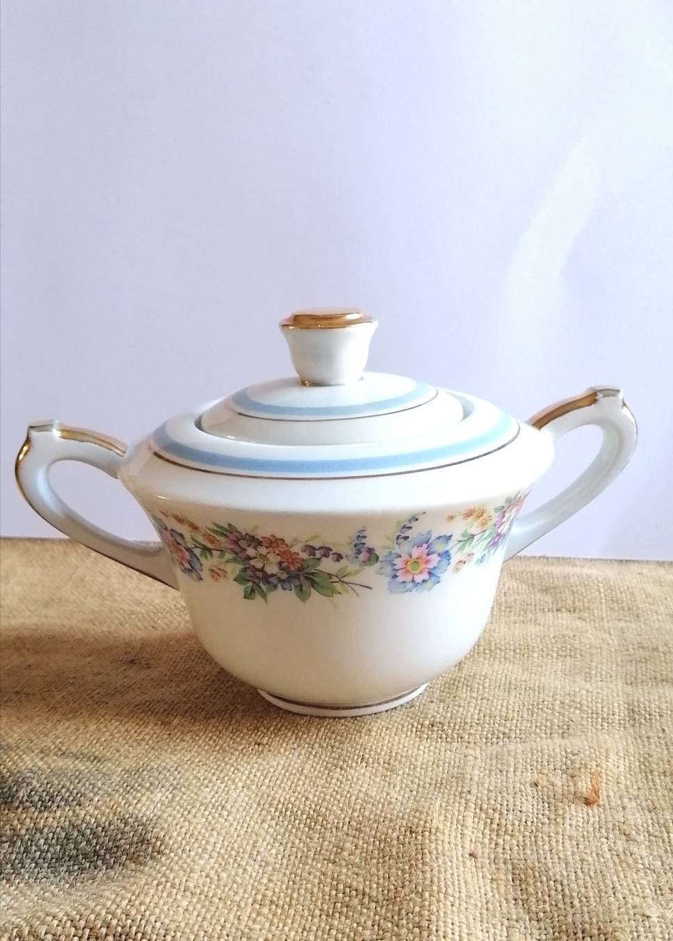 Sucrier à Anses Art Déco, Porcelaine de Limoges, Décor Fleurie Ciel et Or, Descotte, Reboisson Barra