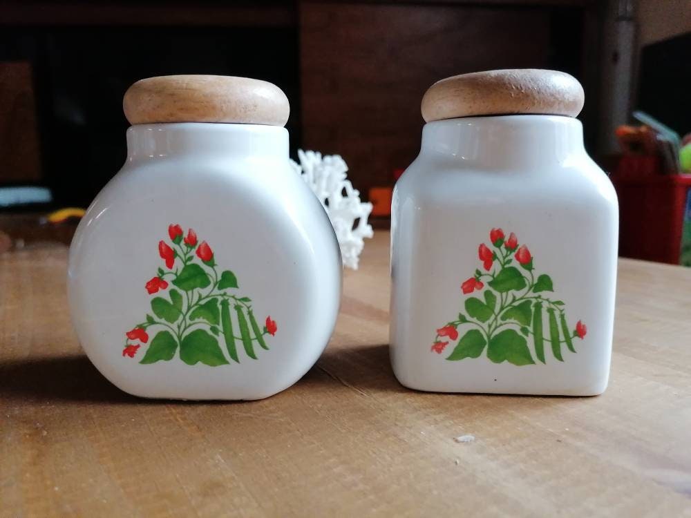 Paire de Pots en Céramique Hermétiques Fleurs Pois Senteur/Bocal Vintage 70S Rangements Cuisine