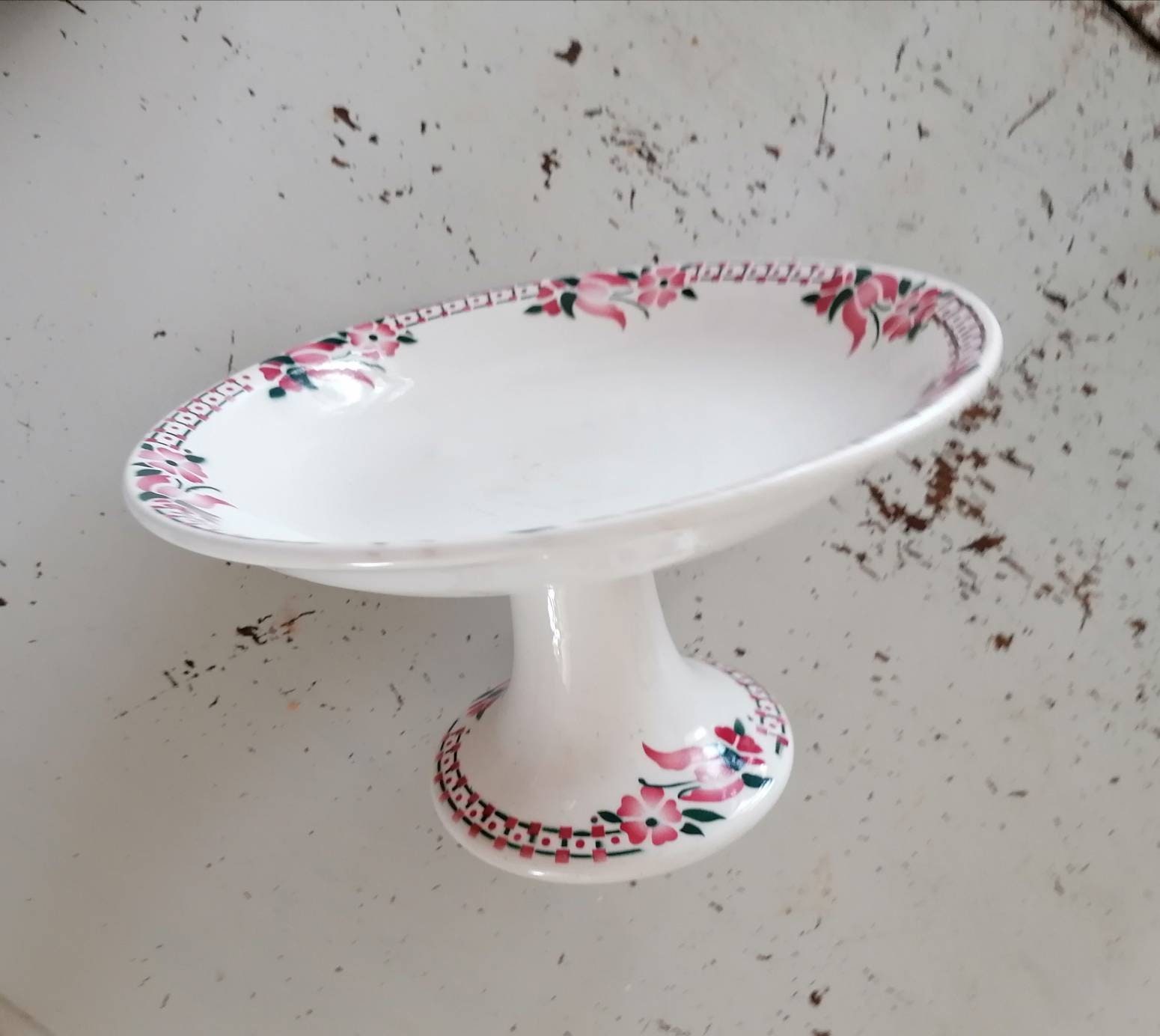Ancien Compotier/Plat Présentation sur Pied Saint Amand Ceranord Fleurs Roses Vaisselle Ancienne Cou