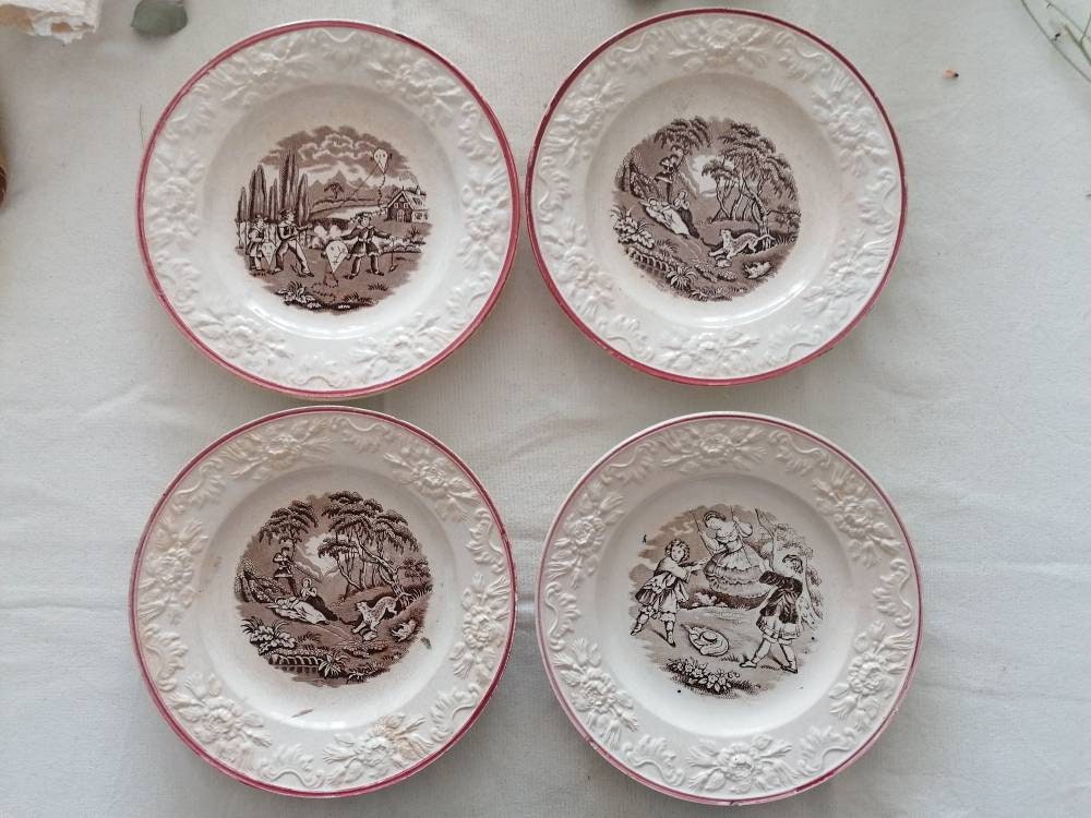 4 Assiettes à Dessert, Faïence Terre de Fer Très Ancienne/style Parlantes Scène Galantes et Pastoral