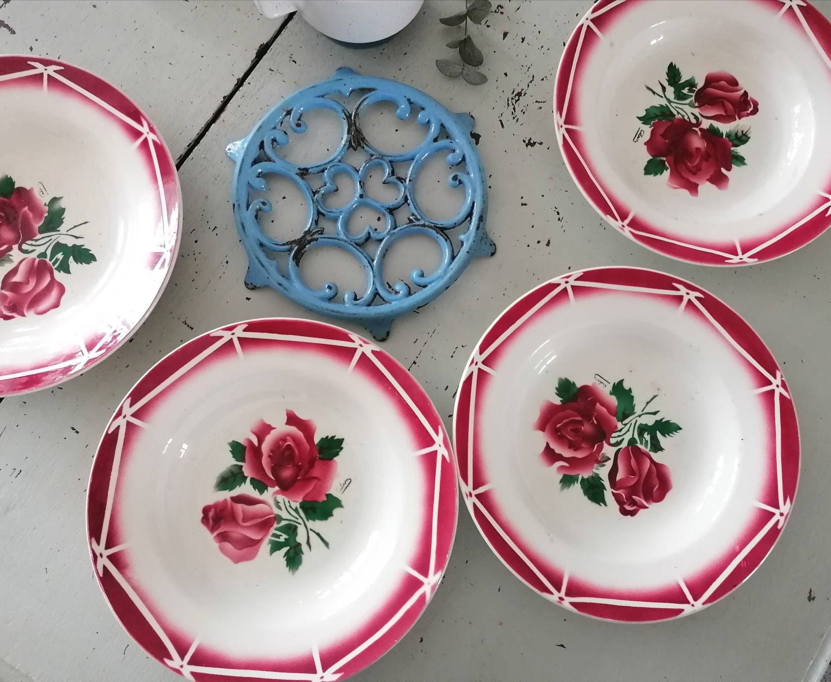 4 Assiettes Creuses Digoin Sarreguemines Modèle Cibon Rose/Vaisselle Vintage Fleurie à Salade