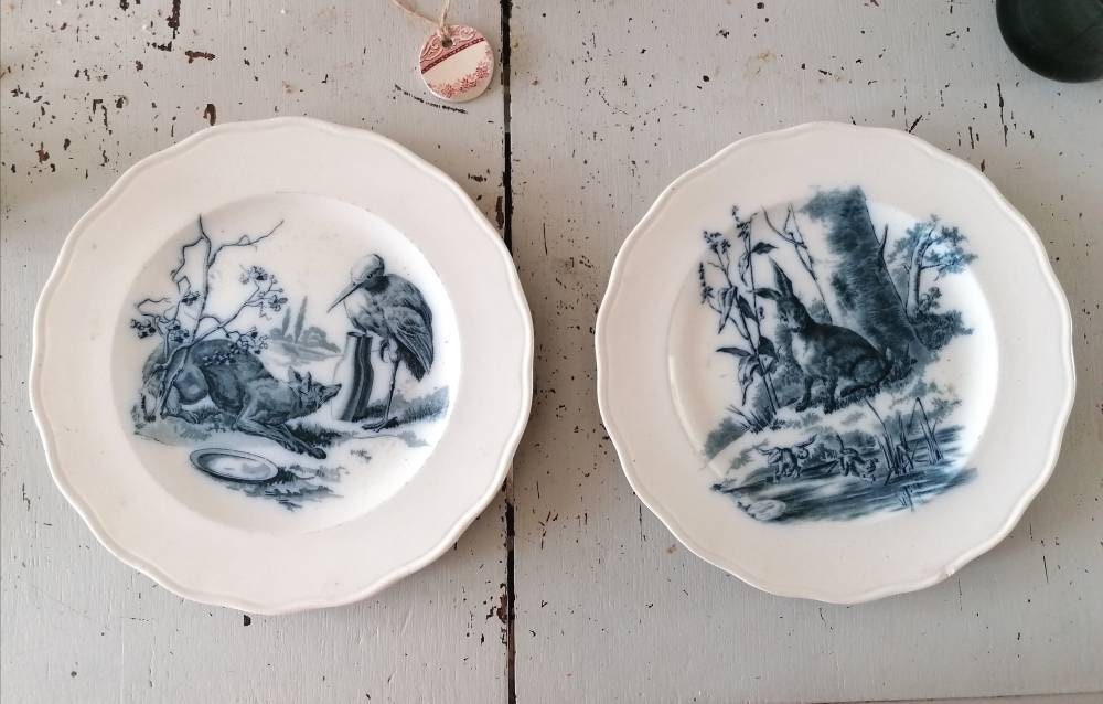 Paire d'assiettes Plates en Porcelaine Anglaise Bleue Bwm&co Brown-Westhead Moore Modèle Fables/Coll