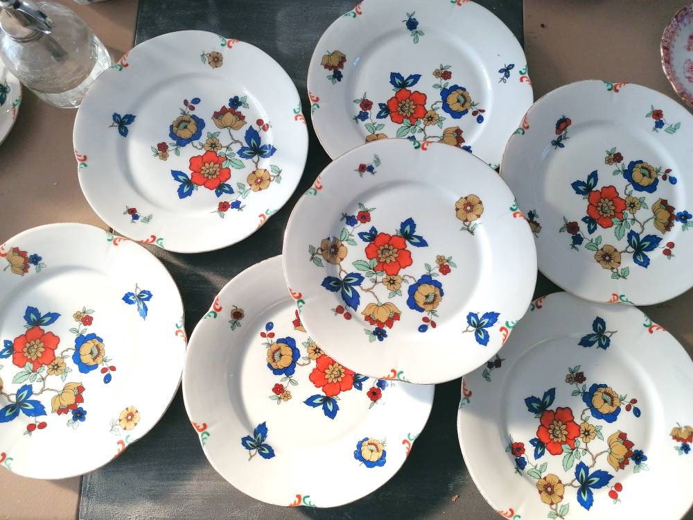 7 Assiettes à Dessert, Porcelaine Hollandaise Modèle Floralies Décor 4891/Vintage 1910/20 Fleurs Col