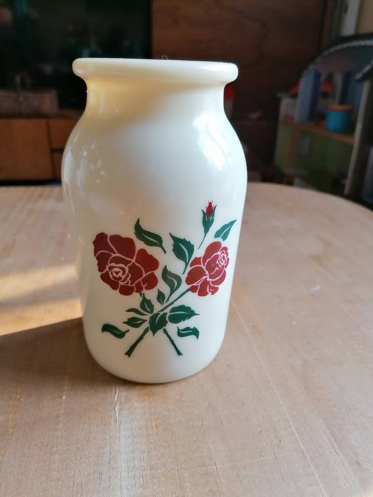 Vase en Opaline Imprimé Roses Rouges Vintage Années 60/Décoration Tattoo Rétro