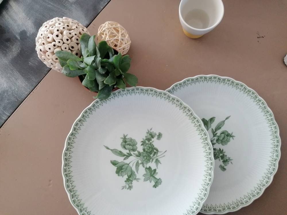 Paire d'assiettes en Porcelaine Bavaroise Vertes/Alt Tirschenreuth Vaisselle Ancienne Allemagne Camp