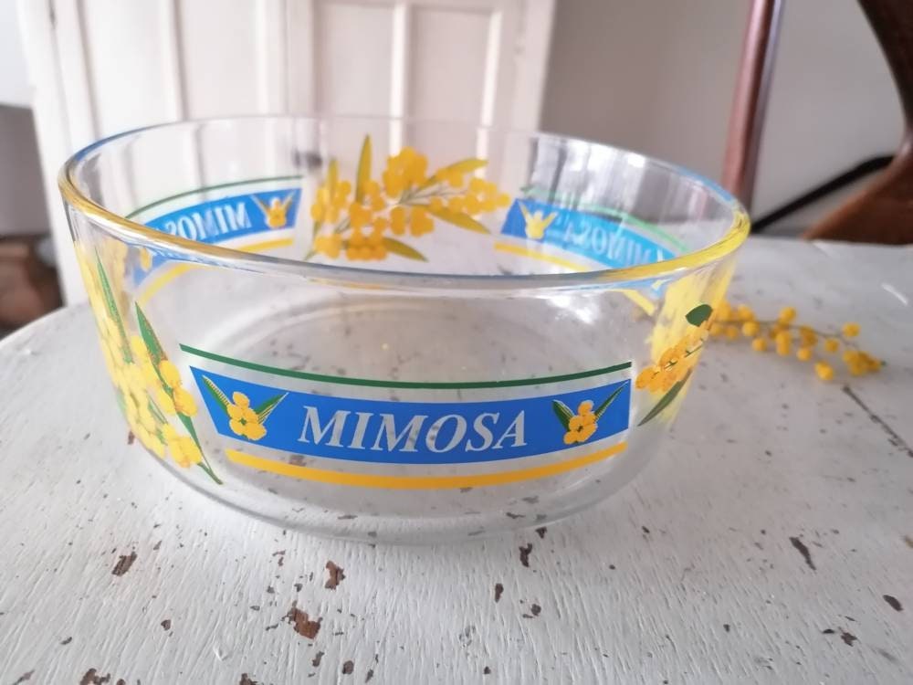 Saladier Verre Mimosa Vintage/Fleurs de Mimosa Jaune et Bleu Made in Italy Vaisselle Vintage