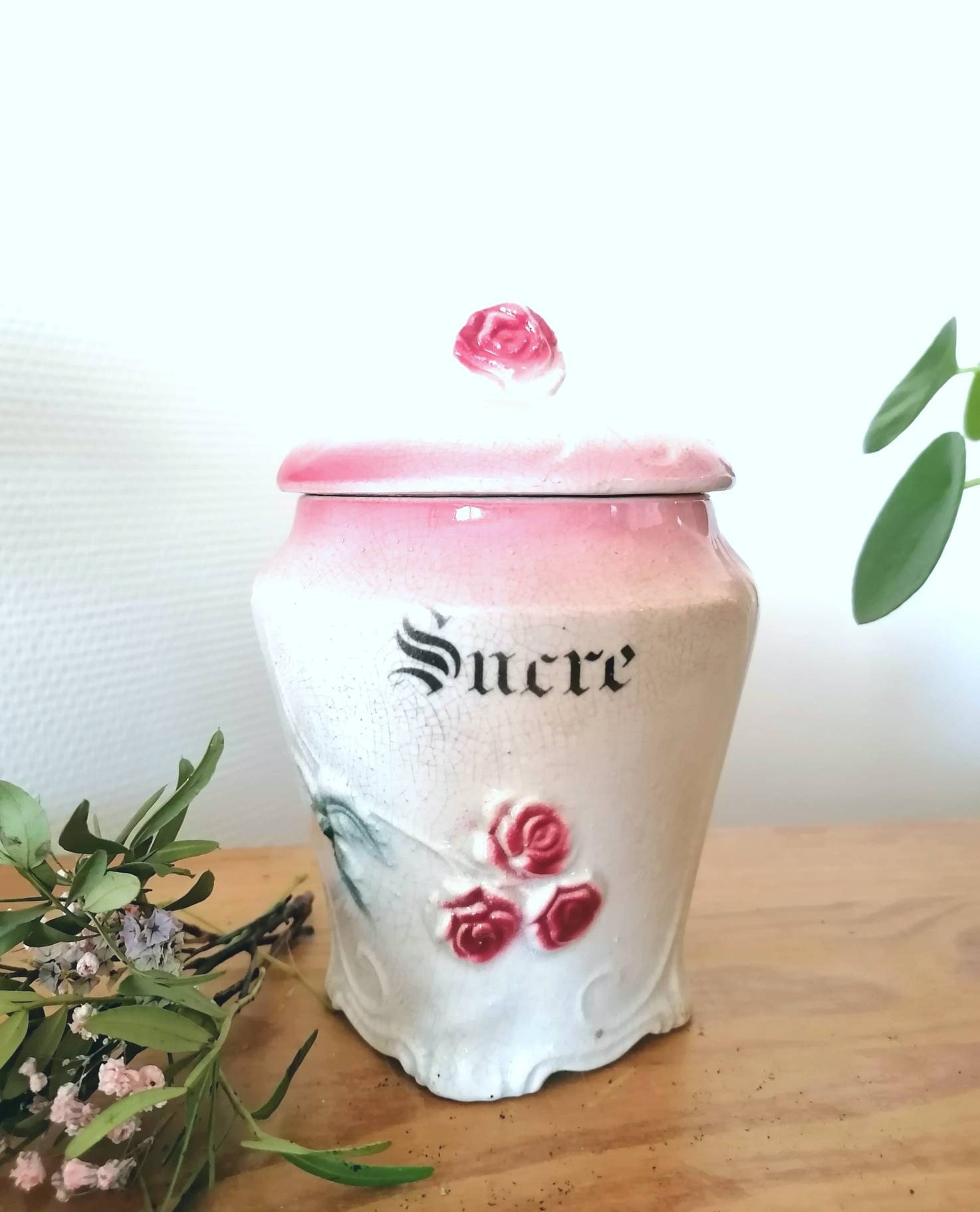 Ancienne Boîte à Sucre en Barbotine Rose Style Art Déco/Faïence Ancienne Décoration Cuisine Campagne