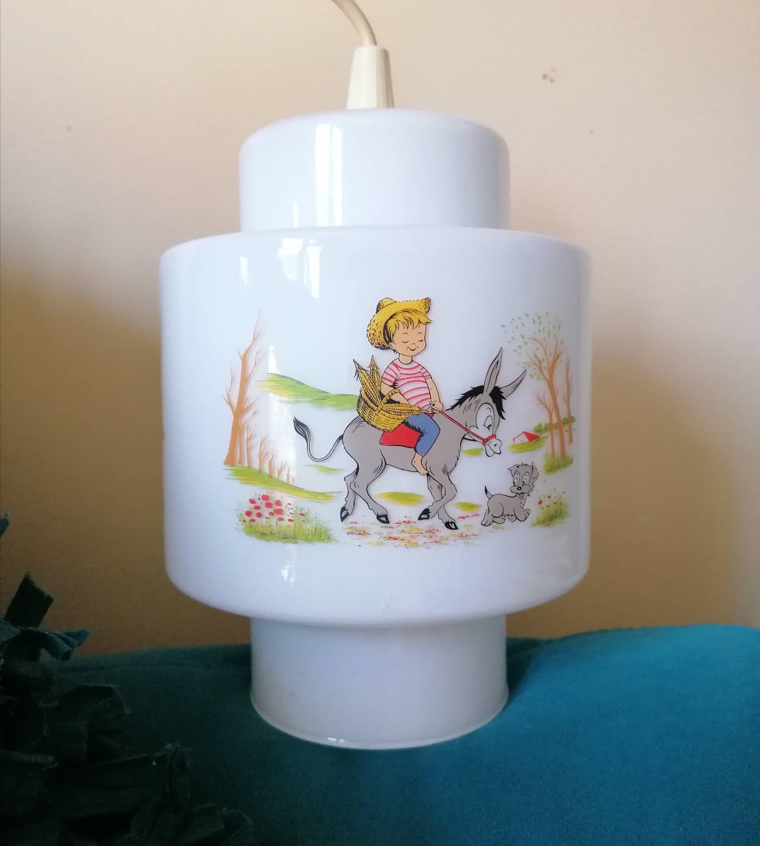 Suspension Globe Opaline Petit Âne et Garçon, Lampe Chambre d'enfant, Vintage Années 60, Décoration 