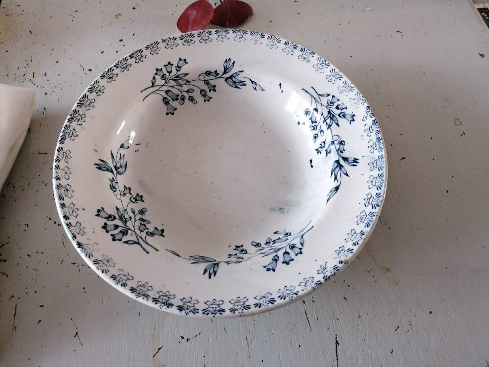 Ancien Plat Creux, Faïence Terre de Fer Manufacture Grigny Bleue/Fleurs Vaisselle Ancienne Française