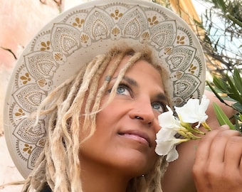 Festival Hat, Fedora Hat for women, Sombrero with Sacred geometry Design and Citrine Crystals Wide Brim, Hand Painted on the Bottom,