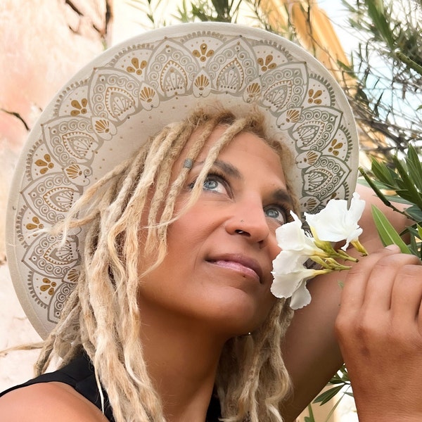 Fedora Hat for women, Sombrero with Sacred geometry Design and Citrine Crystals Wide Brim, Vegan Felt, Hand Painted on the Bottom,