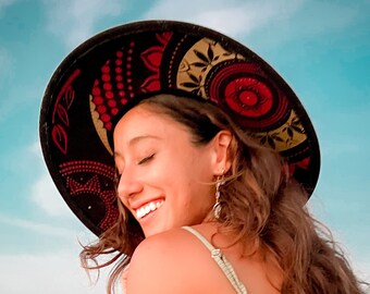 Vegan Felt Fedora, Citrine Crystals, Hand Painted Sun & Moon