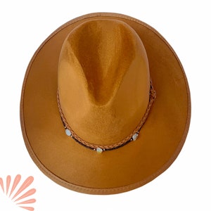 Wide Brim Fedora Hat with Citrine, Hand-Painted Medusa, Vegan Felt image 2