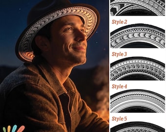 Sombrero con estampado negro y plateado, tradicional, geométrico, hecho a mano, regalo para él.