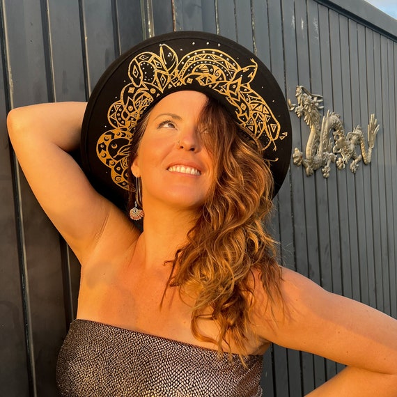 Winter Hat, Medusa headpiece, Festival Hat, Black Fedora Hat for Women with Citrine Crystal Detail, Painted on Bottom, Wide Brim