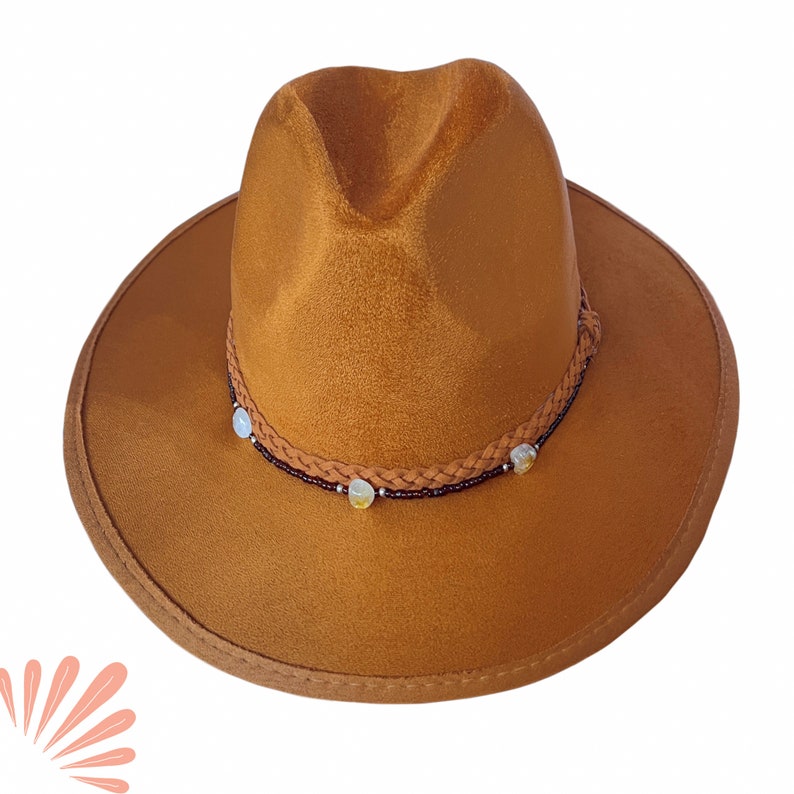 Wide Brim Fedora Hat with Citrine, Hand-Painted Medusa, Vegan Felt image 5