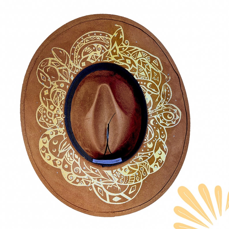 Wide Brim Fedora Hat with Citrine, Hand-Painted Medusa, Vegan Felt image 1