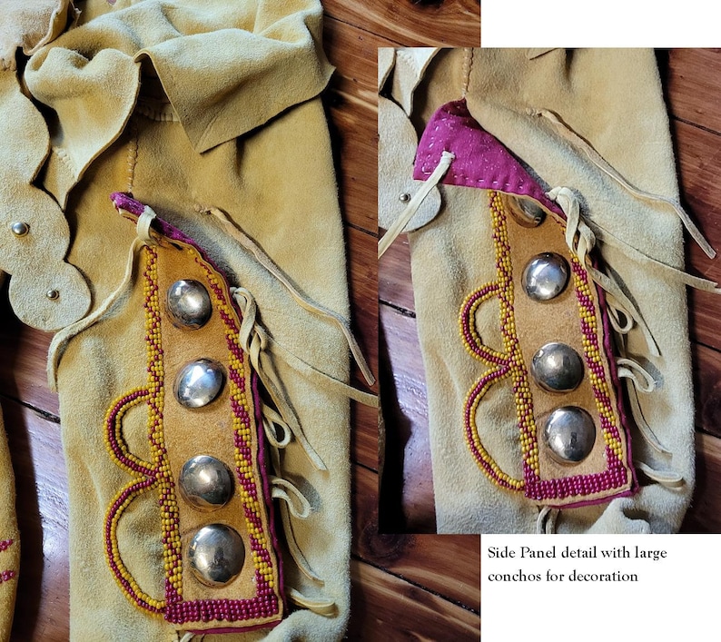 May include: Close-up of a tan leather garment with a side panel detail. The panel is decorated with red and yellow beadwork and silver conchos. "Side Panel detail with large conchos for decoration" is written below the panel.
