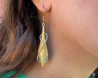 Two-Tone Brass Drop Earrings, Gold and Silver, 2.25" Long