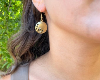 Matte Gold Round Earrings, Brass Dangling Coin Earrings, Brushed Gold Earrings, Gold Disc Earrings with Crystal & Holes, Statement Earrings