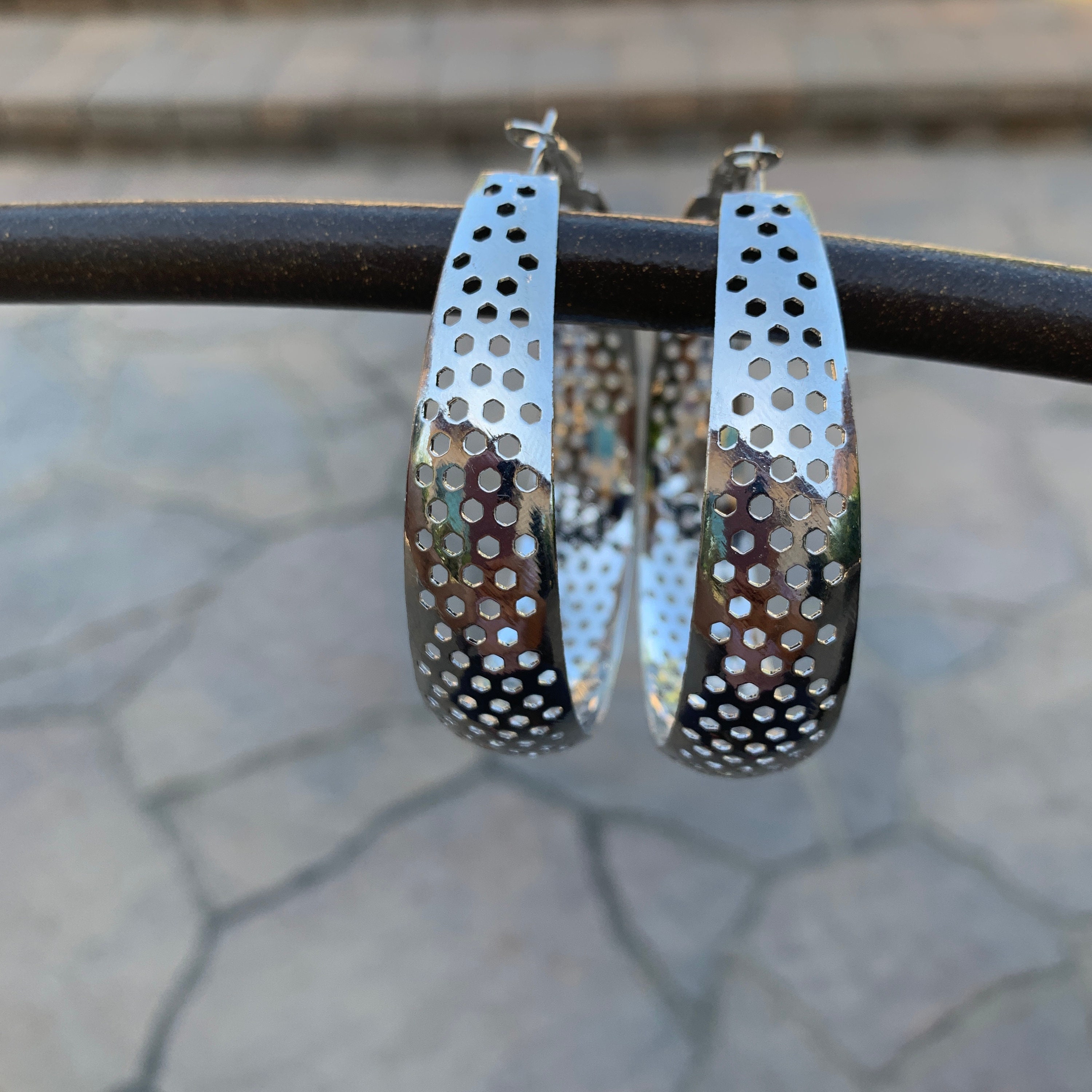 Chunky Hoops With Holes, Large Silver Hoops, Lightweight