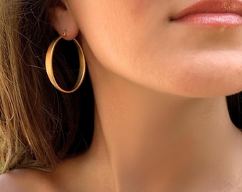 Matte Gold Hoop Earrings, Brushed Brass, Lightweight, Elegant