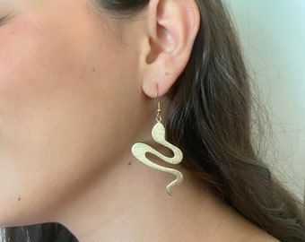 Gold Snake Earrings: Hand-Scratched Brass Reptile Jewelry