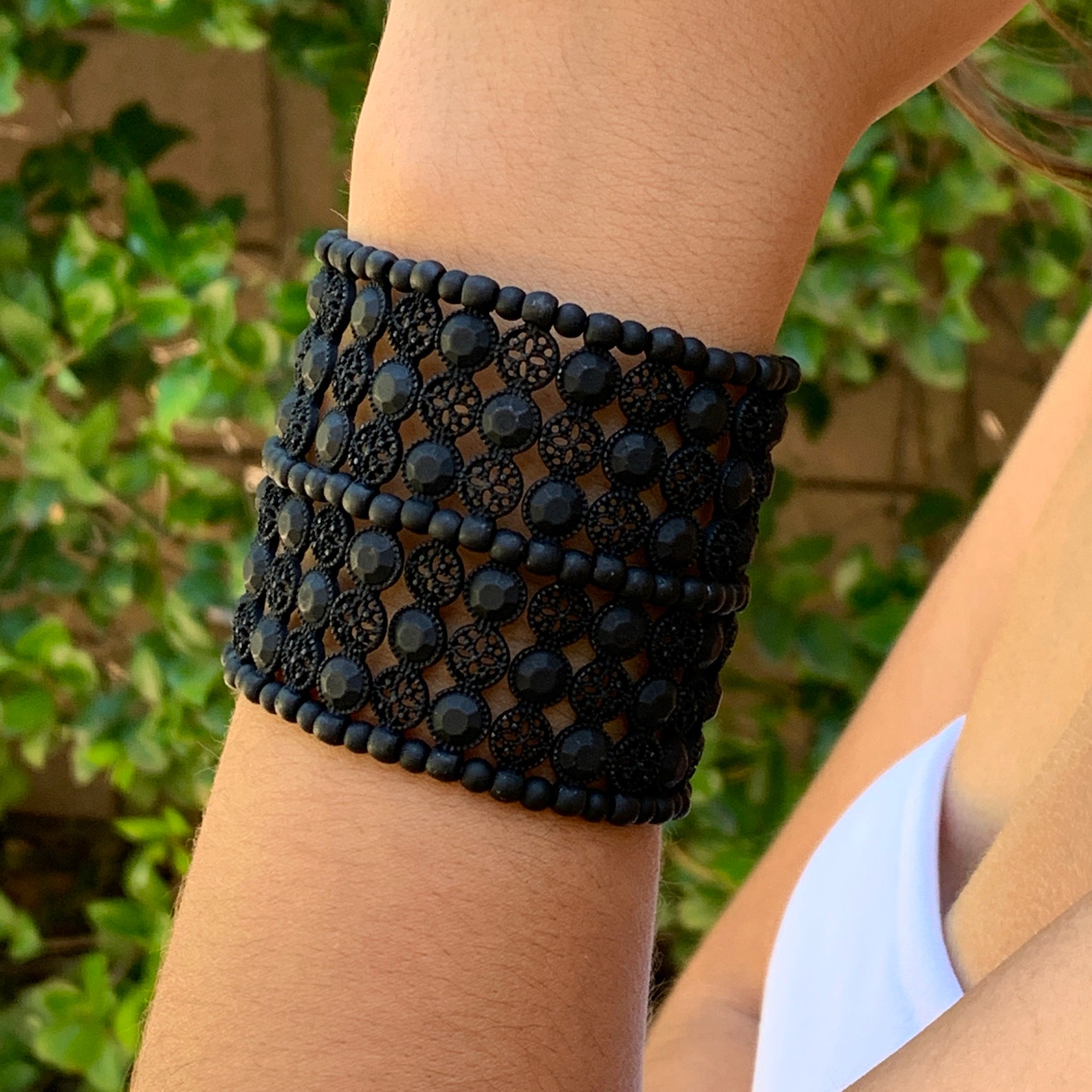 Matte Black Cuff Bracelet Bold Stretch Bracelet Metal Bead Etsy