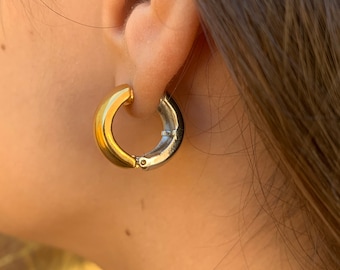 Two-Tone Chunky Hoop Earrings, Gold and Silver Huggies
