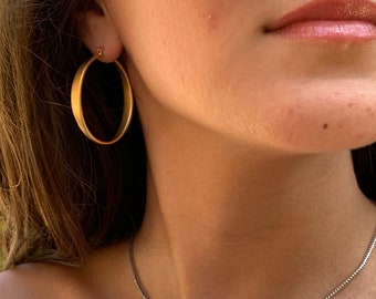 Matte Gold Hoop Earrings, Brushed Gold Hoop Earrings, Lightweight Gold Hoops, Thick Gold Round Hoops, Simple Elegant Gold Hoop Earrings SALE