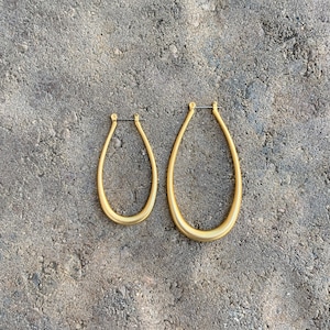 Brushed Gold Lyre Hoop Earrings, Lightweight Gold Hoops, Matte Gold Hoop Earrings, Angled Gold Long Hoops, Simple Elegant Gold Hoop Earrings