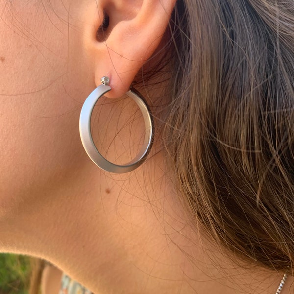 Tapered Matte Silver Hoop Earrings, Lightweight Silver Hoops, Brushed Silver Hoop Earrings, Angled Round Hoops, Simple Elegant Hoop Earrings