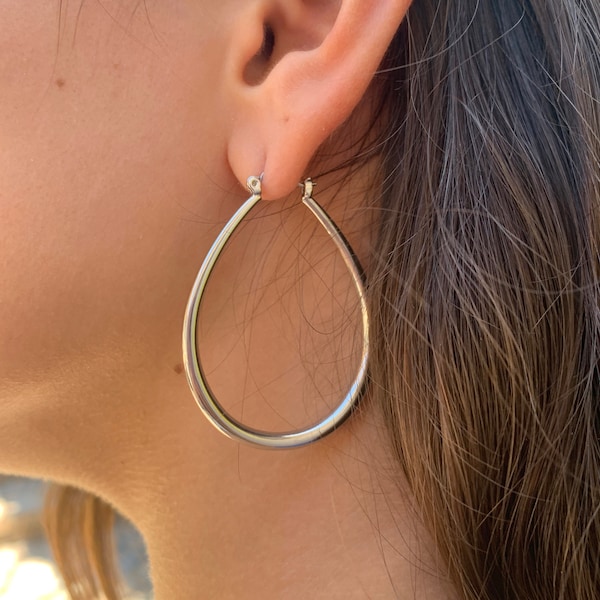 Silver Teardrop Hoop Earrings, Teardrop Earrings, Lightweight Hoops, Celebrity Fashion Long Hoops, Chunky Hoops, Long Teardrop Hoops SALE