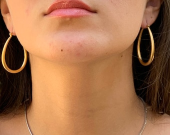 Matte Gold Teardrop Hoop Earrings, Lightweight Brass Hoops
