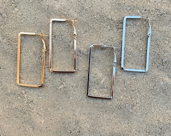 Geometric Rectangle Hoop Earrings, Shiny Gold or Silver