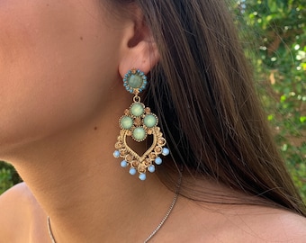 Chandelier Earrings, Turquoise Color Fashion Statement Earring, 3" Dangle Boho Earrings, Vintage Style Jewelry, Bollywood Fashion Earrings