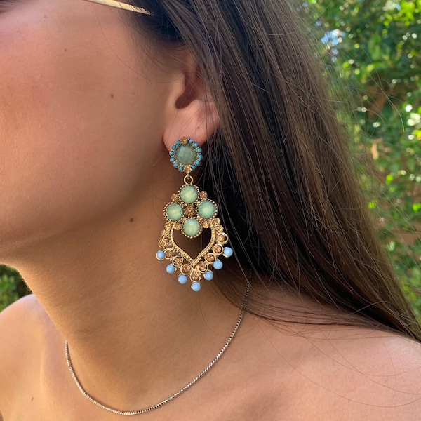 Chandelier Earrings, Turquoise Color Fashion Statement Earring, 3" Dangle Boho Earrings, Vintage Style Jewelry, Bollywood Fashion Earrings