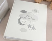 Personalised New Baby Moon Stars Photo Album with Sleeves. Unique Newborn Baby Keepsake.