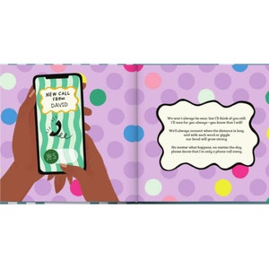 May include: A pink and purple background with white polka dots. A speech bubble with text that reads: "We won't always be near, but I'll think of you still. I'll care for you always - you know that I will! We'll always connect when the distance is long, and with each word or giggle our bond will grow strong. No matter what happens, no matter the day, please know that I'm only a phone call away."