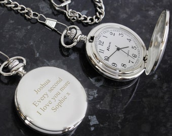Engraved Pocket Watch. Personalised Formal Fob Watch. Keepsake for Groom, Husband, Father of Bride, Retirement Present etc