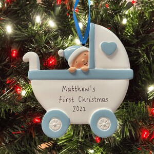 Personalised Christmas Decoration. 1st Christmas. Blue Pram Keepsake Gift. Baby Boy. Christmas 2025