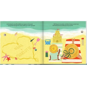 May include: An illustration of a beach scene with two people relaxing on towels. One person is building a sandcastle and the other is reading a book. The sandcastle has flags and a moat. The text "NANA + CHARLOTTE" is written in the sand in a heart shape.