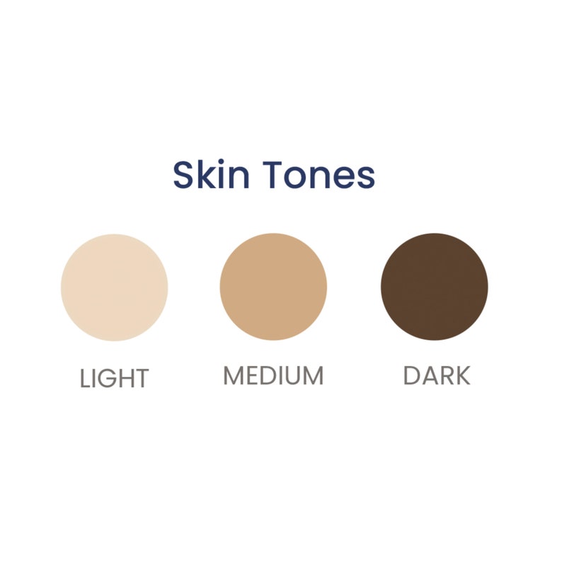 May include: Three circles representing different skin tones: light, medium, and dark.