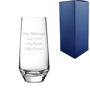 May include: A clear glass with a rounded bottom. The glass is engraved with the text "Any Message", "Any Font", "Any Name", and "Any Occasion". The glass is packaged in a blue box.