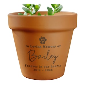 May include: A brown terracotta flower pot with a plant inside. The pot is inscribed with the words "In Loving Memory of Bailey" and the years "2012 - 2026". A paw print design is above the name.