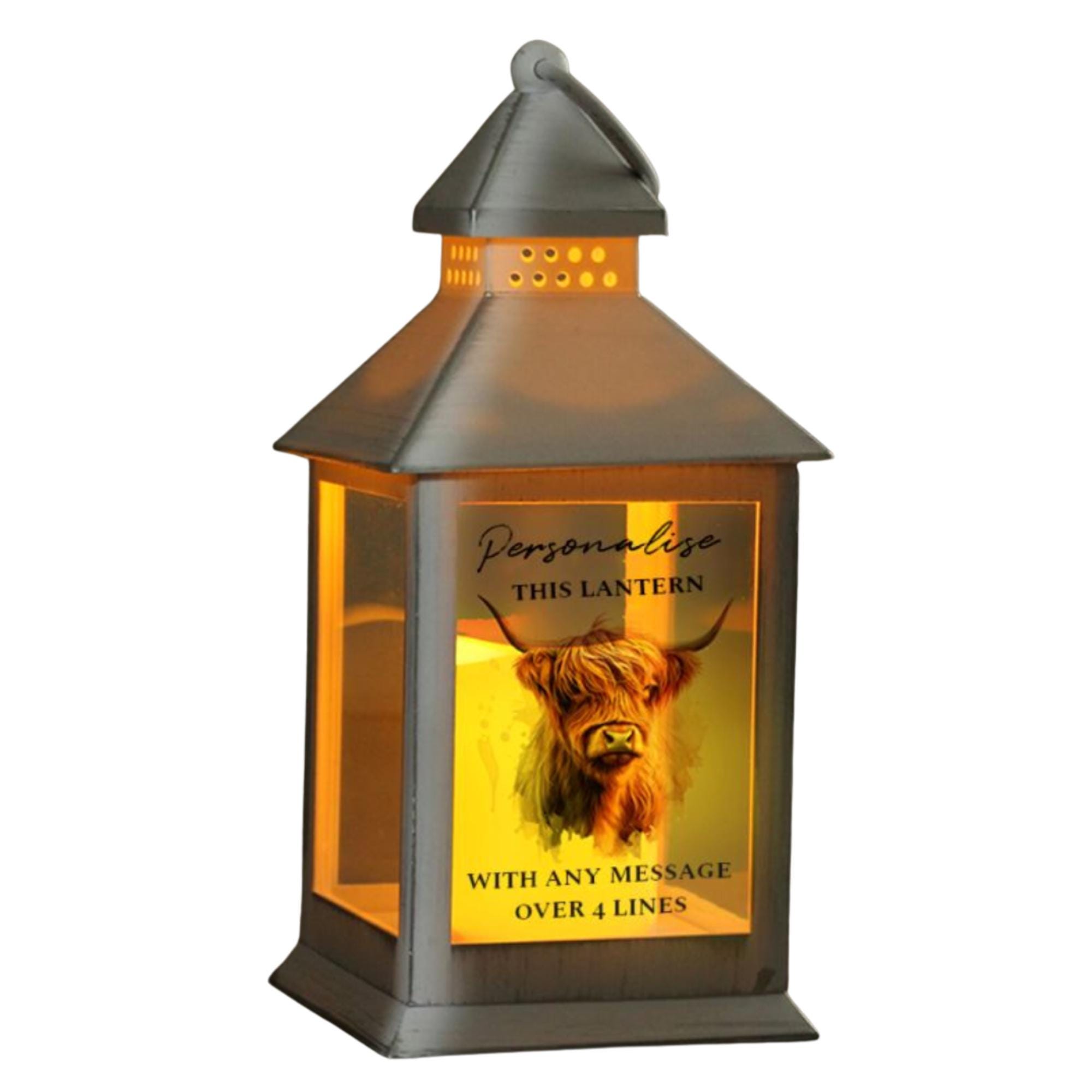 Personalised Lantern, Highland Cow LED Lantern, Scottish Inspired