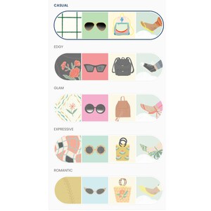 May include: A graphic showing five different styles of fashion, each with a pattern, sunglasses, a bag, and shoes. The styles are Casual, Edgy, Glam, Expressive, and Romantic.